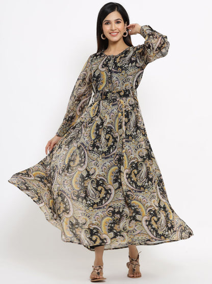 Women's Black Alphin Chiffon Flared Printed Dress With Tie-up Blet1