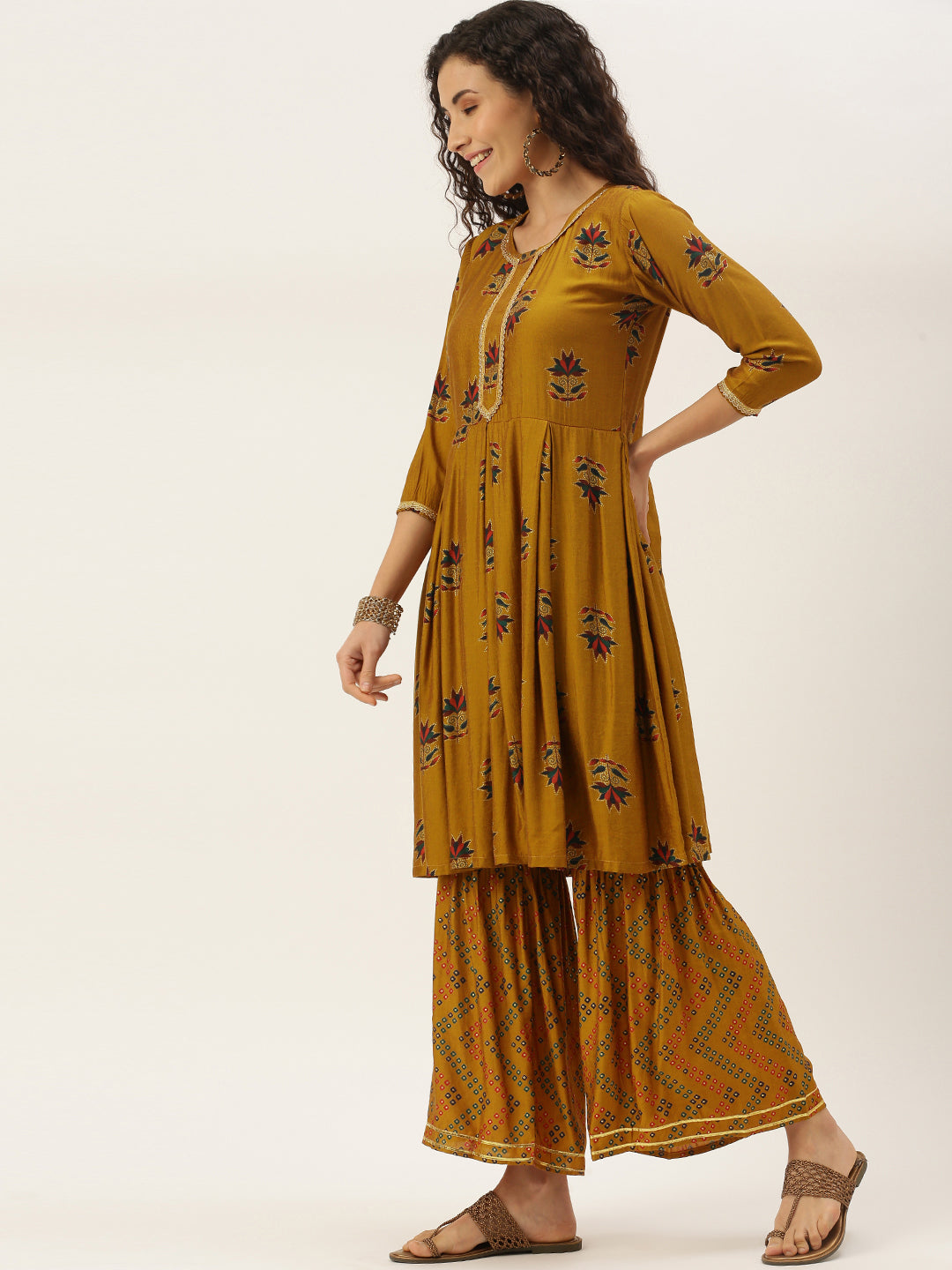 Women's Mustard Color Muslin Foil Printed Kurta Sharara With Dupatta