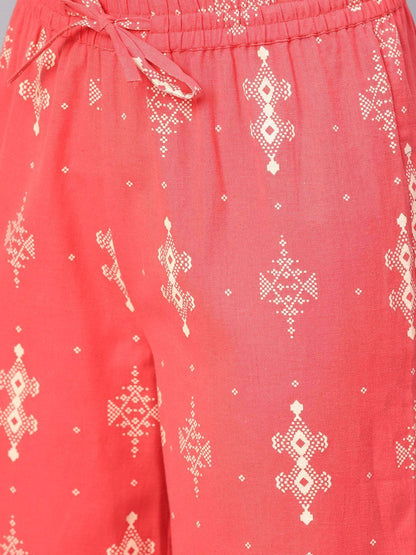 Women's Coral Rayon Printed A-Line Kurta Palazzo Set