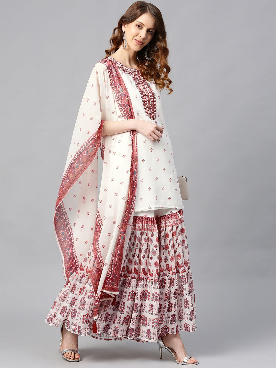 Women's Georgette Printed Straight Kurta Sharara Dupatta Set