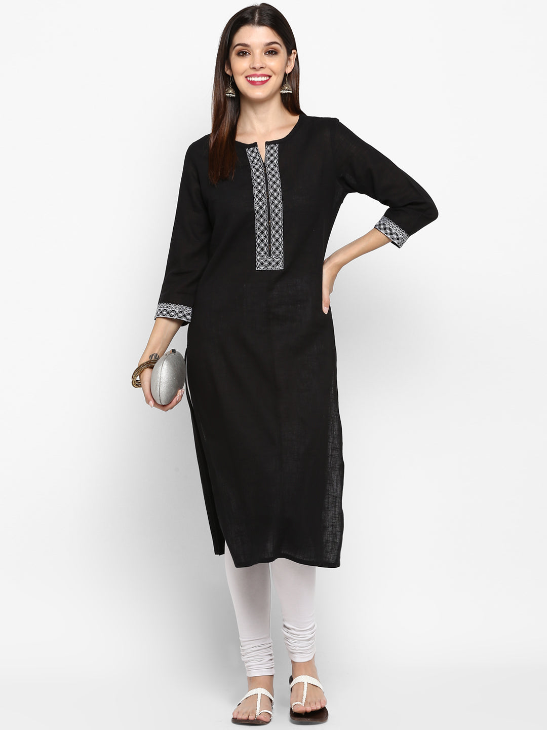 Women's Black Cotton Straight Kurta By Vbuyz (1