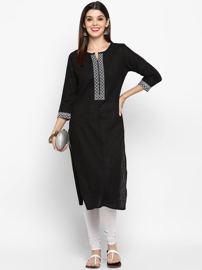 Women's Black Cotton Straight Kurta By Vbuyz (1