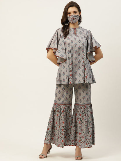 Women's Floral Print Tunic Sharara Set With Mask