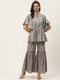 Women's Floral Print Tunic Sharara Set With Mask