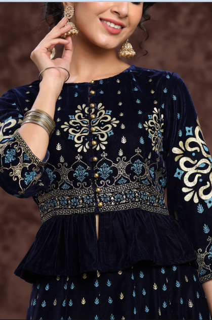 Women's Indigo Velvet Printed Lehenga Choli Dupatta Set