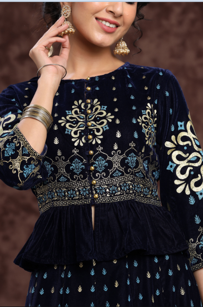 Women's Indigo Velvet Printed Lehenga Choli Dupatta Set