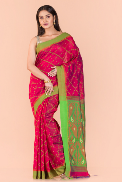 Women's Rani pink Blended cotton jamdani saree