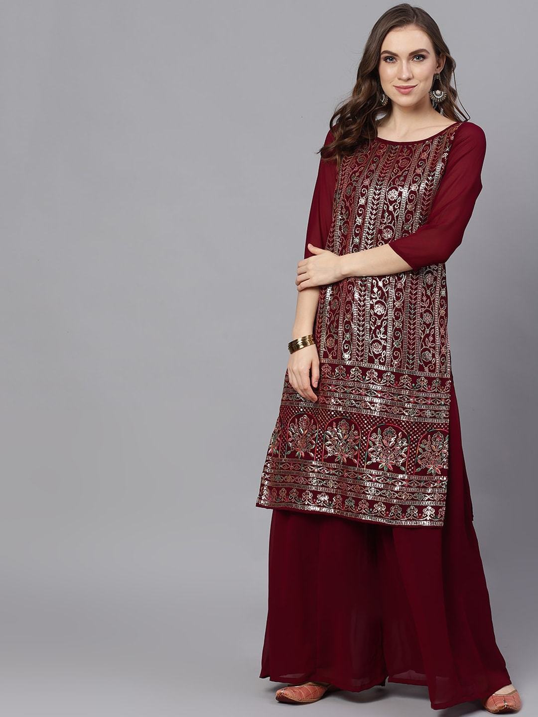 Women's  Maroon & Gold Self Design Kurta with Palazzos