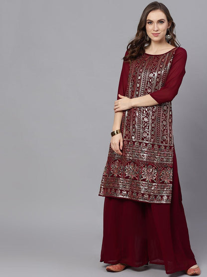 Women's  Maroon & Gold Self Design Kurta with Palazzos