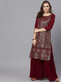 Women's  Maroon & Gold Self Design Kurta with Palazzos