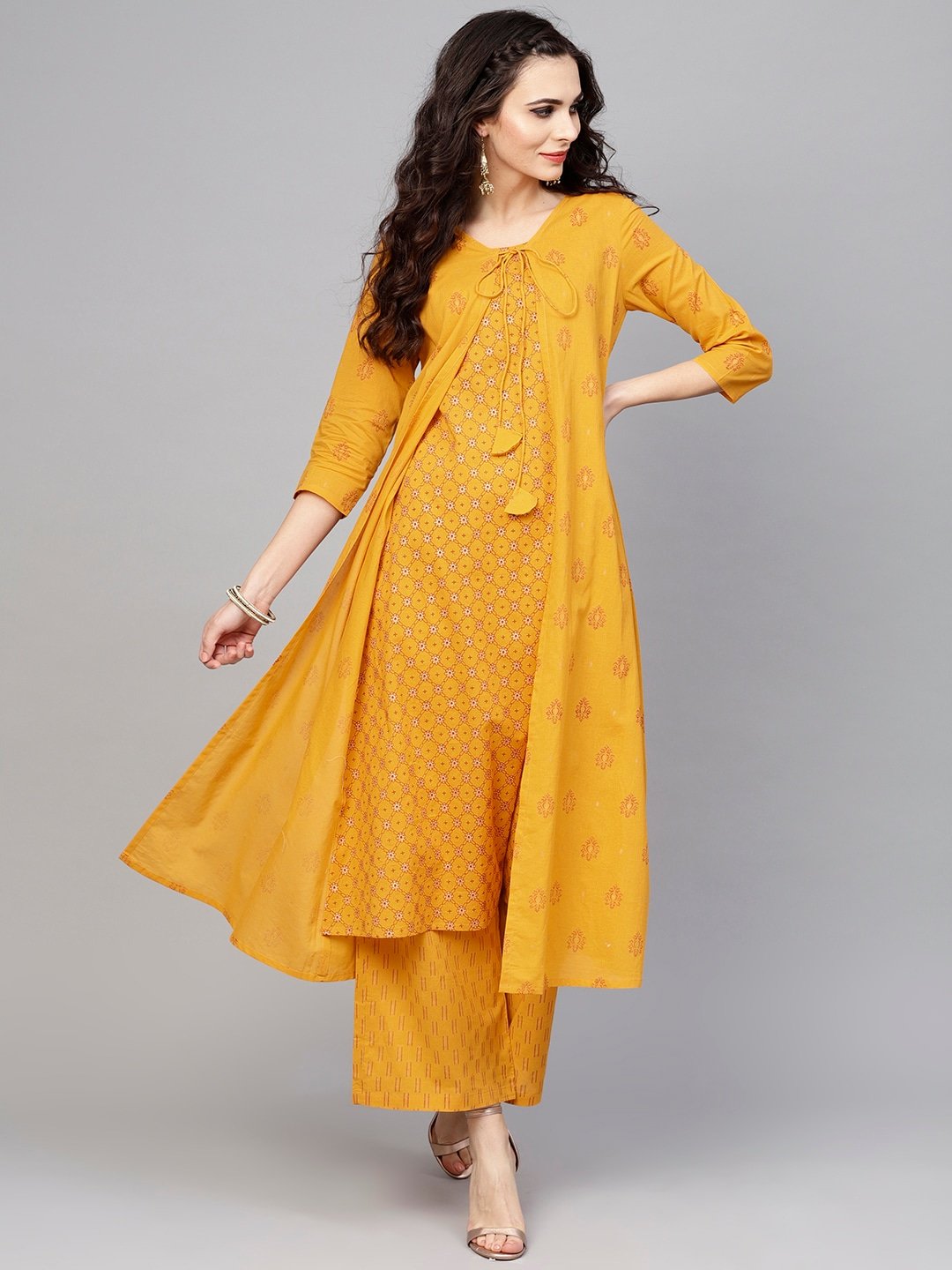 Women's  Mustard Yellow Printed Kurta with Palazzos