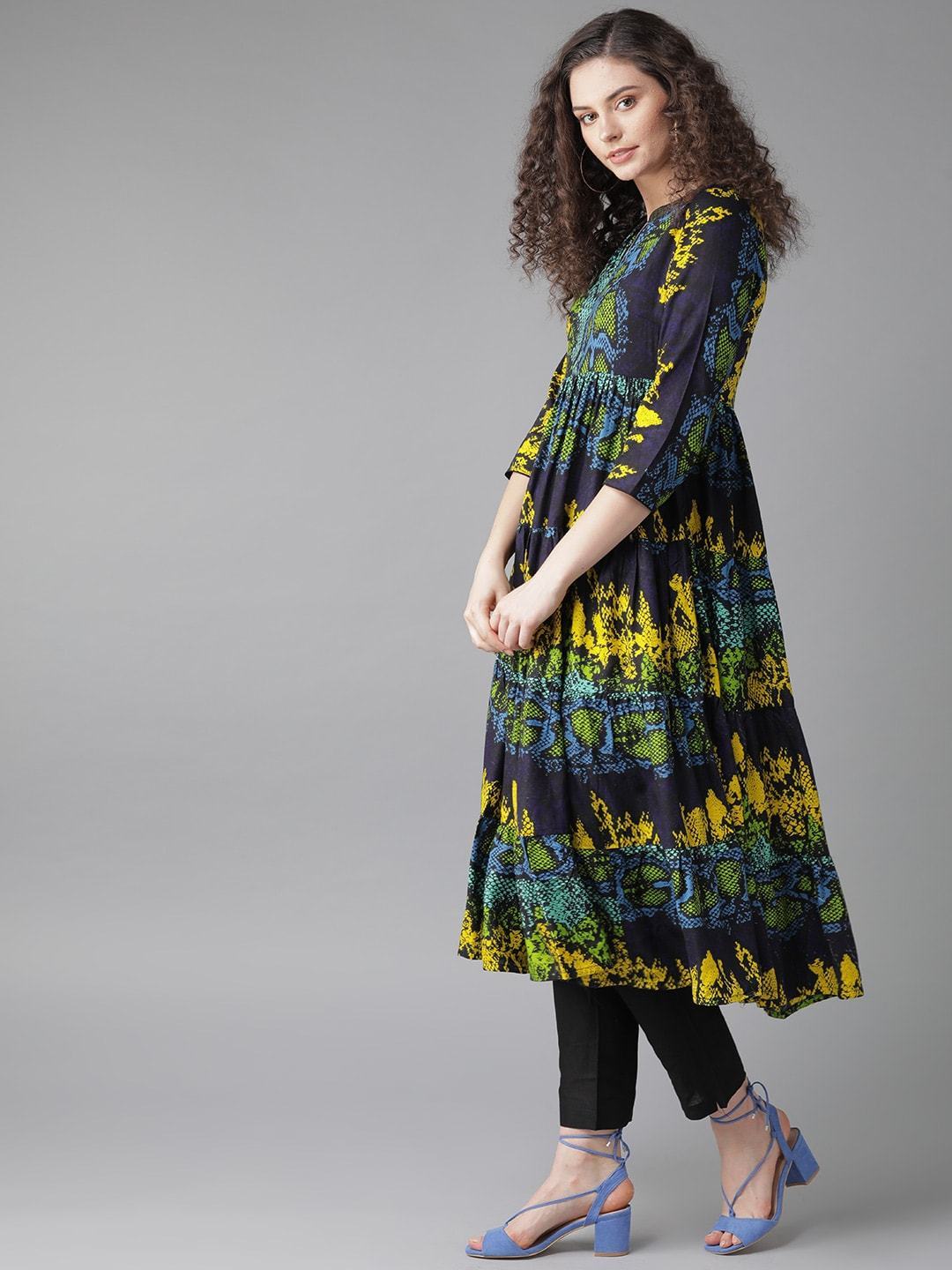 Women's  Navy Blue & Yellow Animal Print Tiered Anarkali Kurta