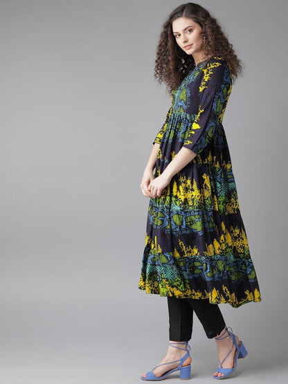 Women's  Navy Blue & Yellow Animal Print Tiered Anarkali Kurta