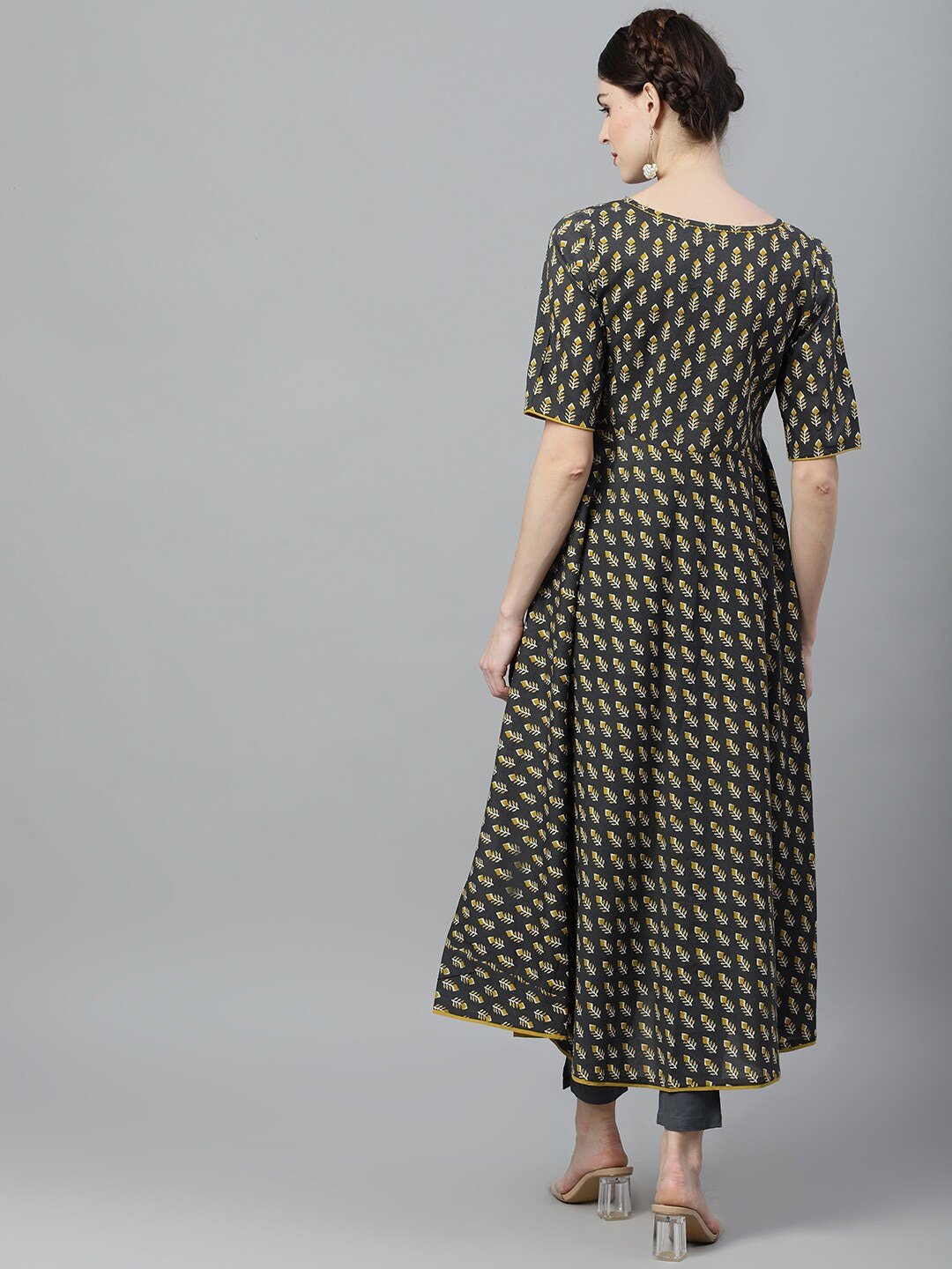 Women's  Grey & Mustard Printed Anarkali Kurta