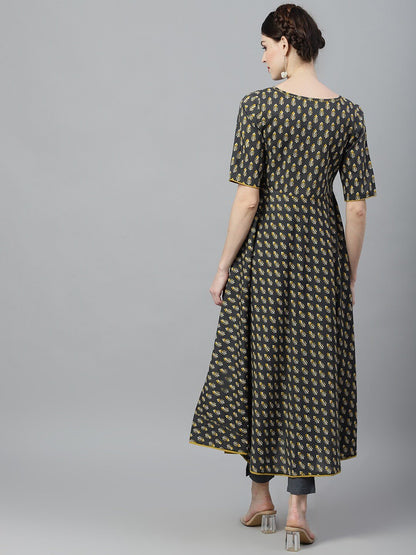 Women's  Grey & Mustard Printed Anarkali Kurta