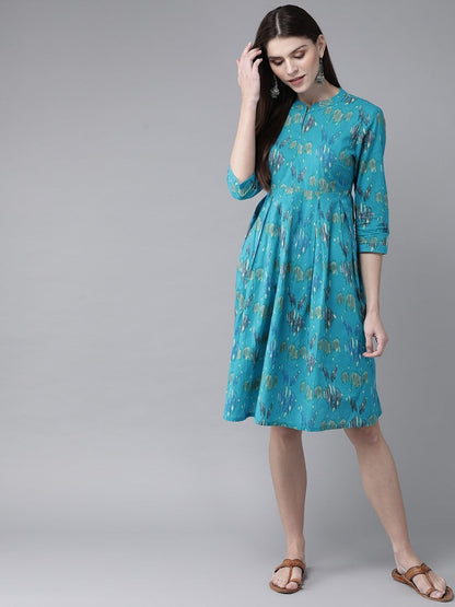 Women's  Blue & Green Printed A-Line Dress