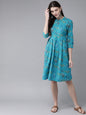 Women's  Blue & Green Printed A-Line Dress