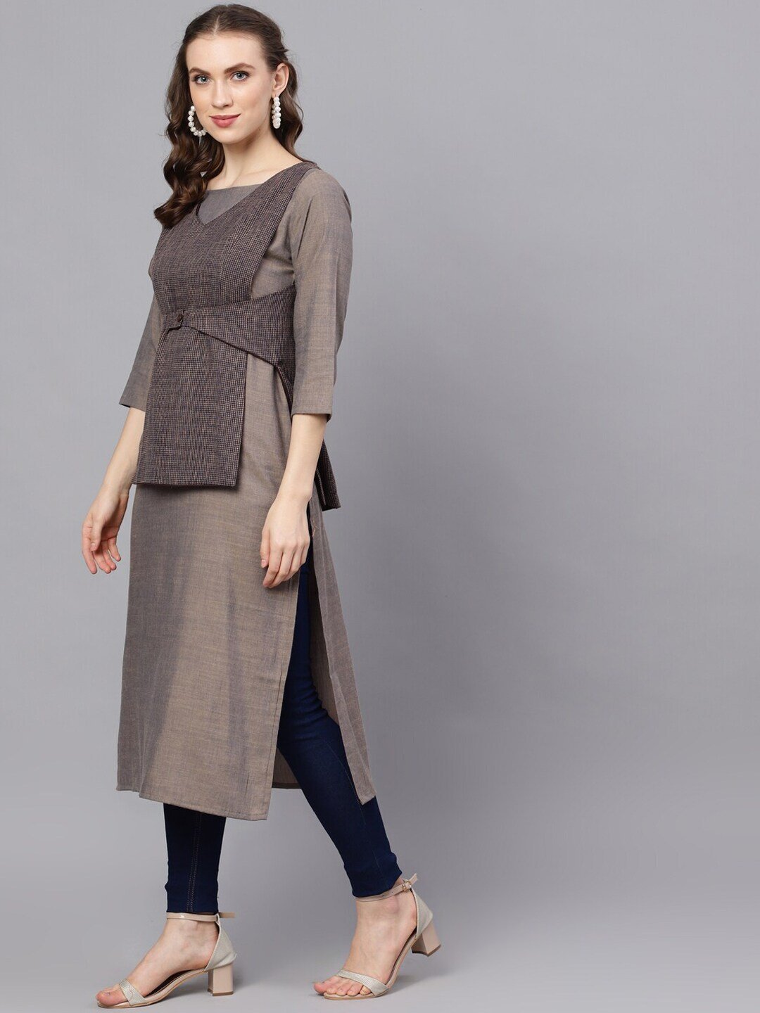 Women's  Grey & Blue Yoke Design A-Line Kurta