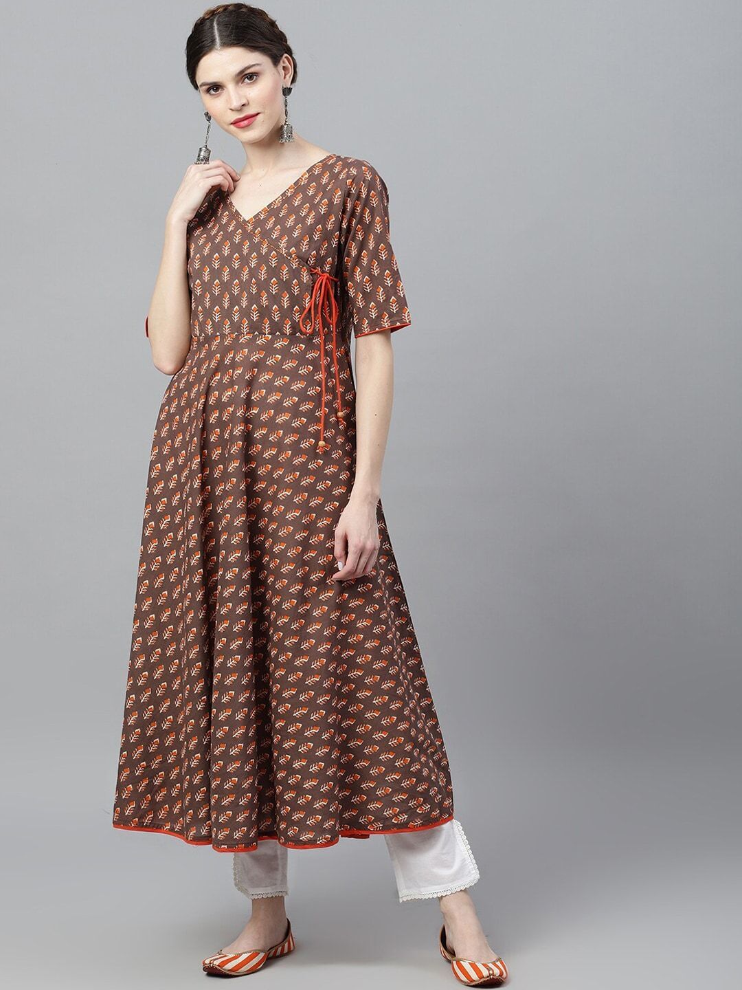 Women's  Brown & Orange Checked Anarkali Kurta