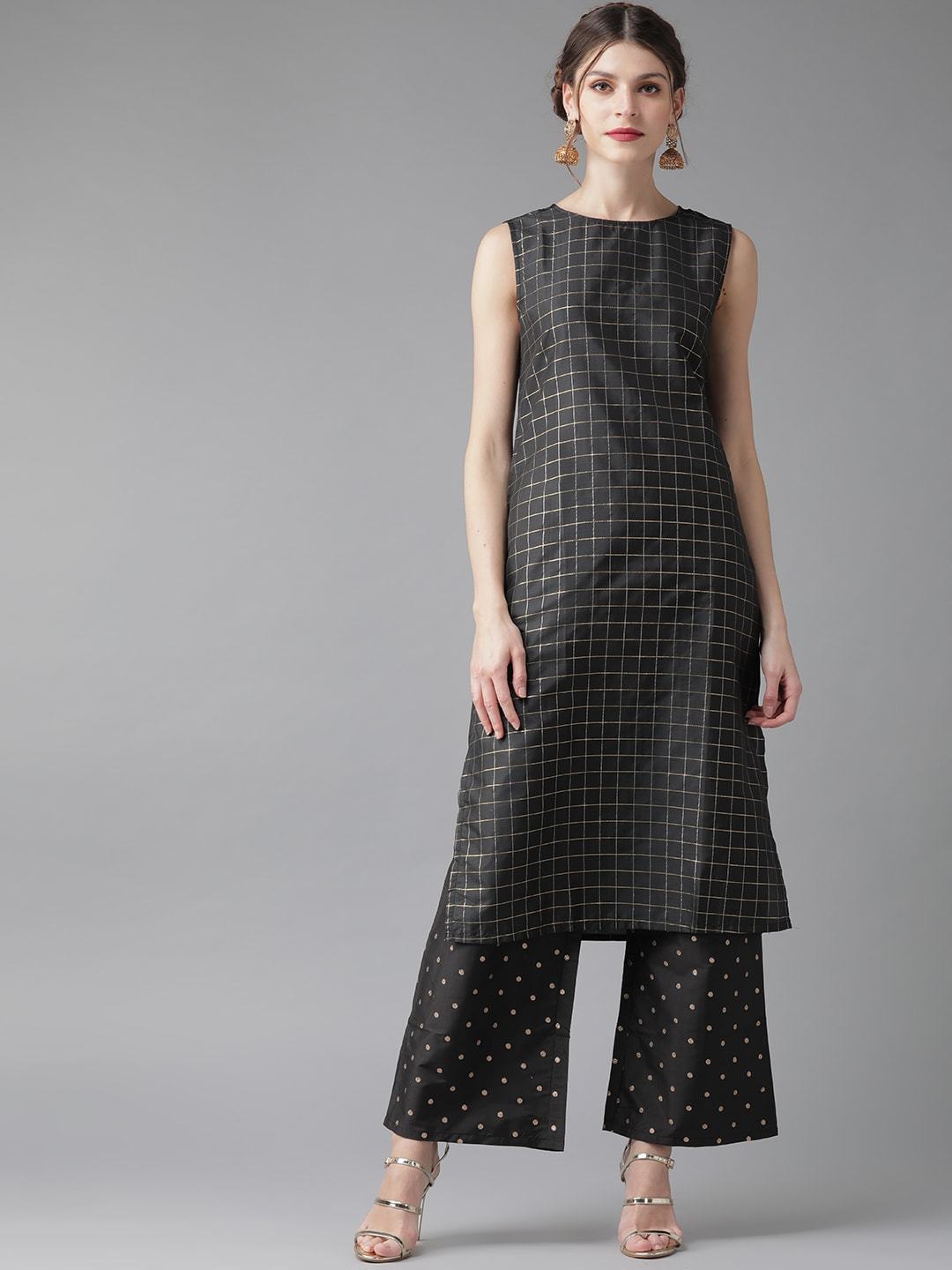 Women's  Black & Golden Self Checked Kurta with Palazzos