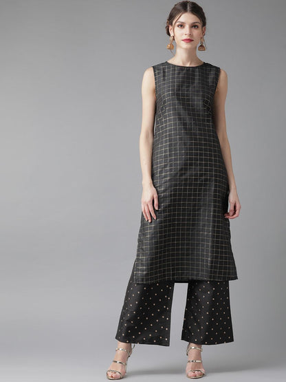 Women's  Black & Golden Self Checked Kurta with Palazzos