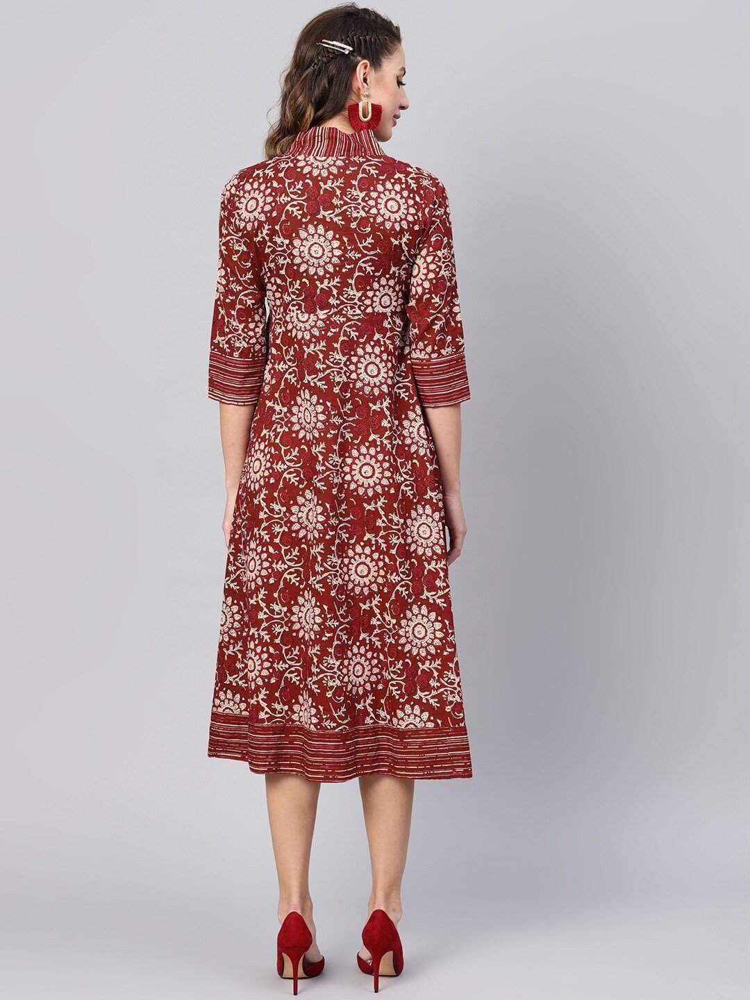 Women's  Maroon & Beige Printed Wrap Dress