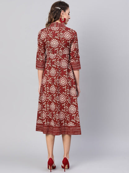 Women's  Maroon & Beige Printed Wrap Dress