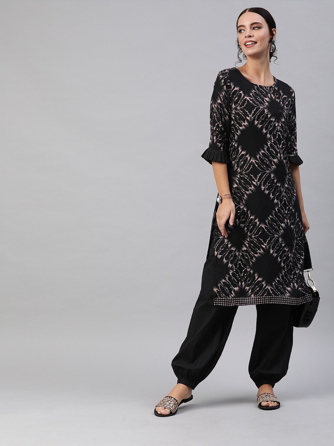 Women's  Black & Grey Discharge Printed Kurta with Salwar With Bell Sleeves