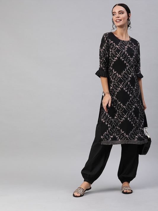 Women's  Black & Grey Discharge Printed Kurta with Salwar With Bell Sleeves