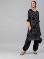 Women's  Black & Grey Discharge Printed Kurta with Salwar With Bell Sleeves
