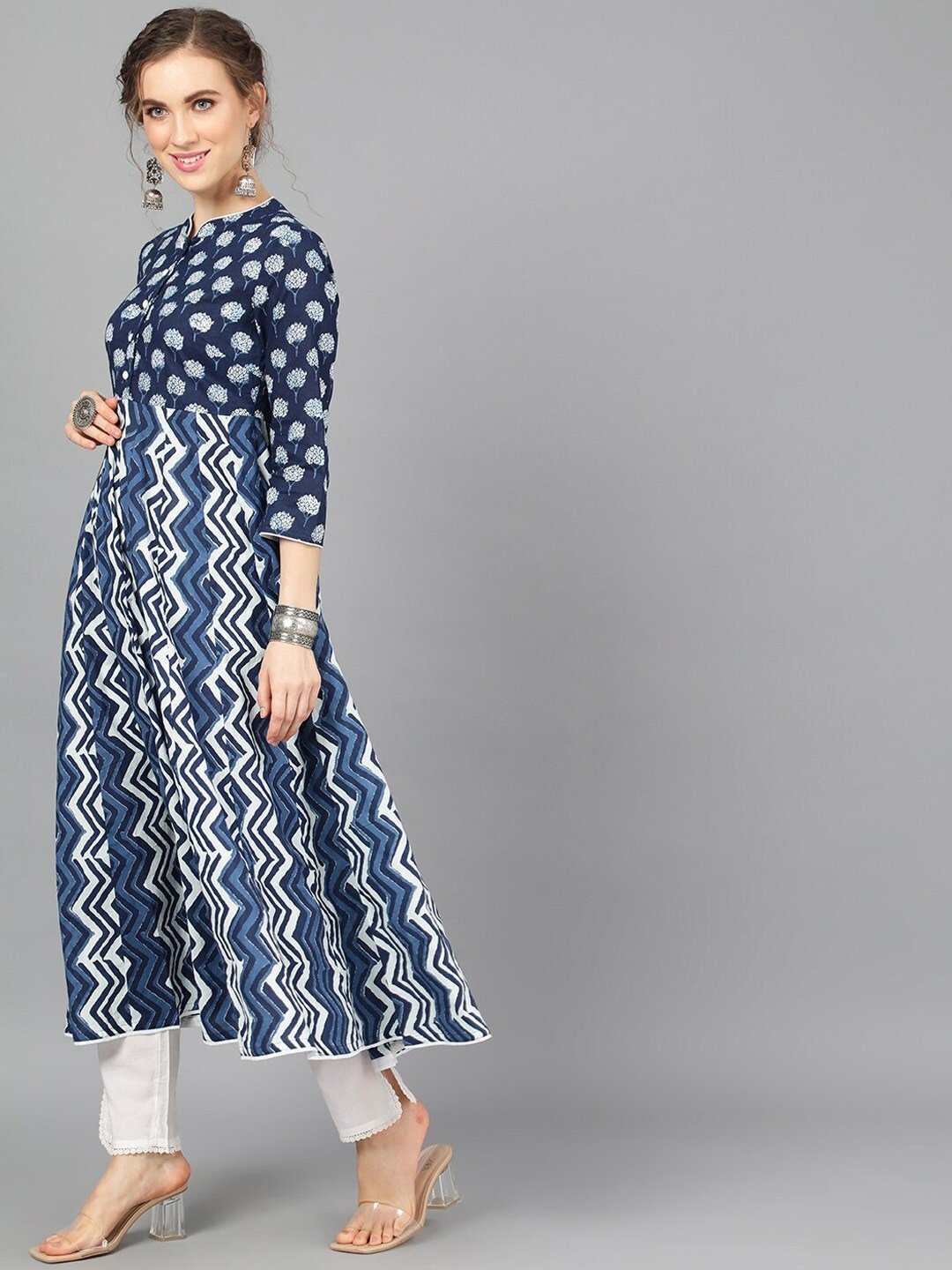 Women's  Navy Blue & White Printed Anarkali Kurta