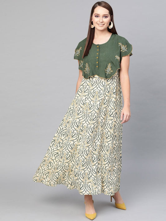 Women's  Cream-Coloured & Green Printed Layered Maxi Dress