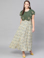 Women's  Cream-Coloured & Green Printed Layered Maxi Dress