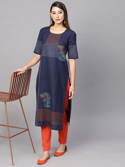 Women's  Navy Blue & Orange Block Print Straight Kurta