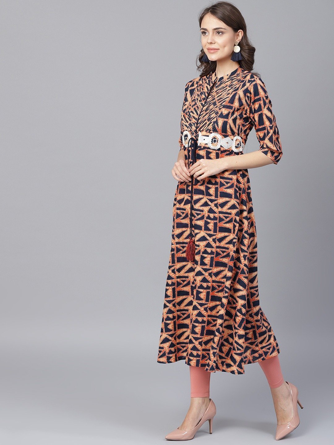 Women's Navy Blue & Peach A-Line Kurta
