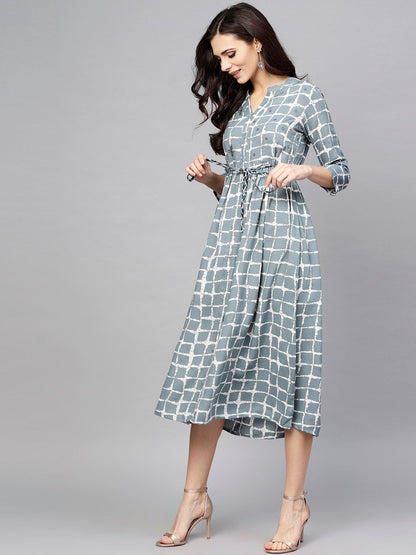 Women's  Grey Checked Midi Fit & Flare Dress
