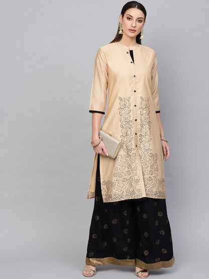 Women's  Beige & Black Printed Straight Kurta