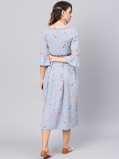 Women's  Blue & Orange Quirky Printed A-Line Dress