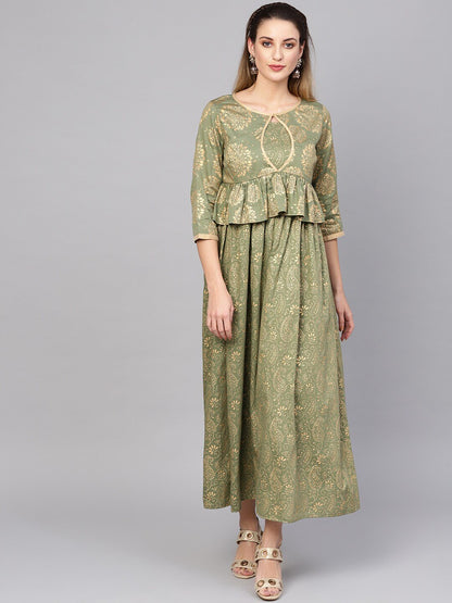 Women's  Olive Green & Golden Printed Layered Maxi Dress