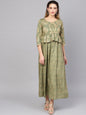 Women's  Olive Green & Golden Printed Layered Maxi Dress