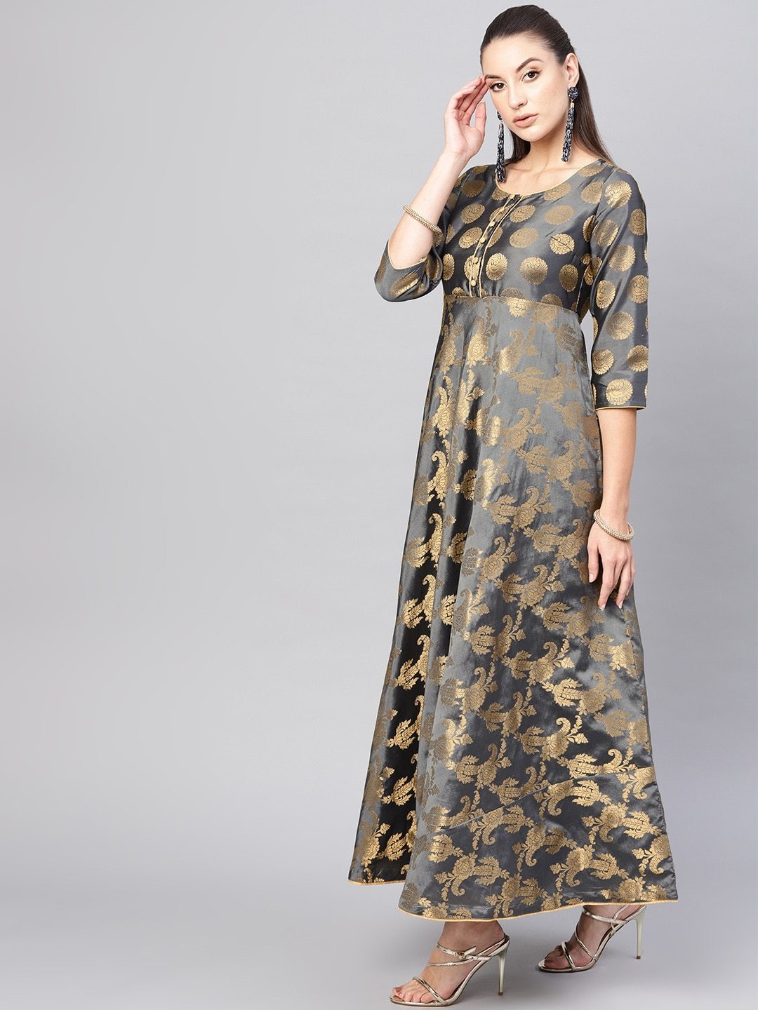 Women's  Charcoal Grey & Golden Self Design Empire Maxi Dress