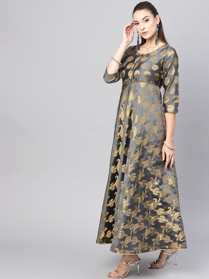 Women's  Charcoal Grey & Golden Self Design Empire Maxi Dress
