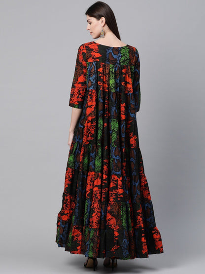 Women's  Black & Orange Animal Printed Tiered Maxi Dress