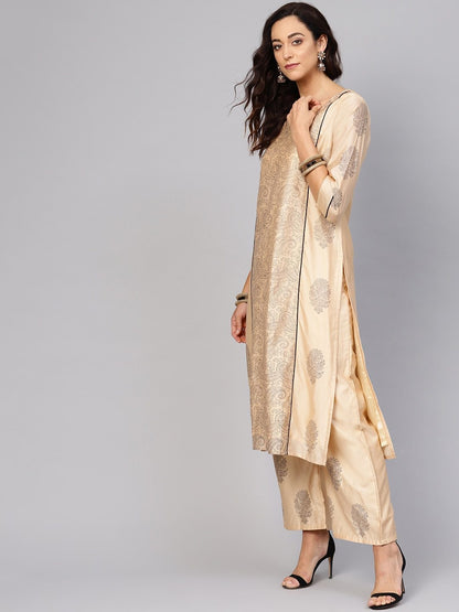 Women's  Beige & Black Block Print Kurta with Palazzos
