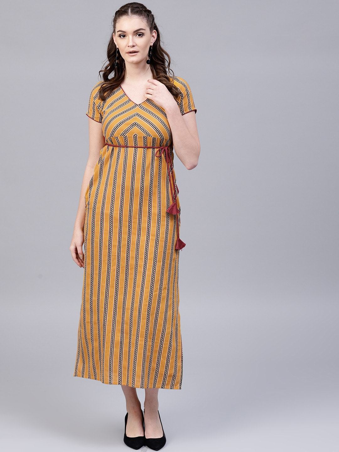 Women's  Mustard Yellow & Burgundy Striped Maxi Dress