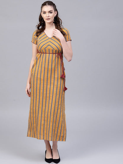 Women's  Mustard Yellow & Burgundy Striped Maxi Dress