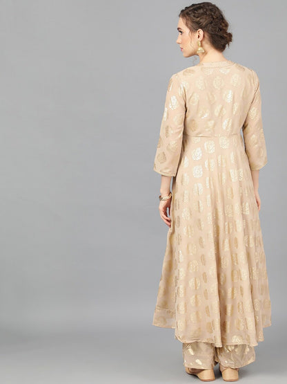 Women's  Beige & Gold-Coloured Printed Anarkali Kurta