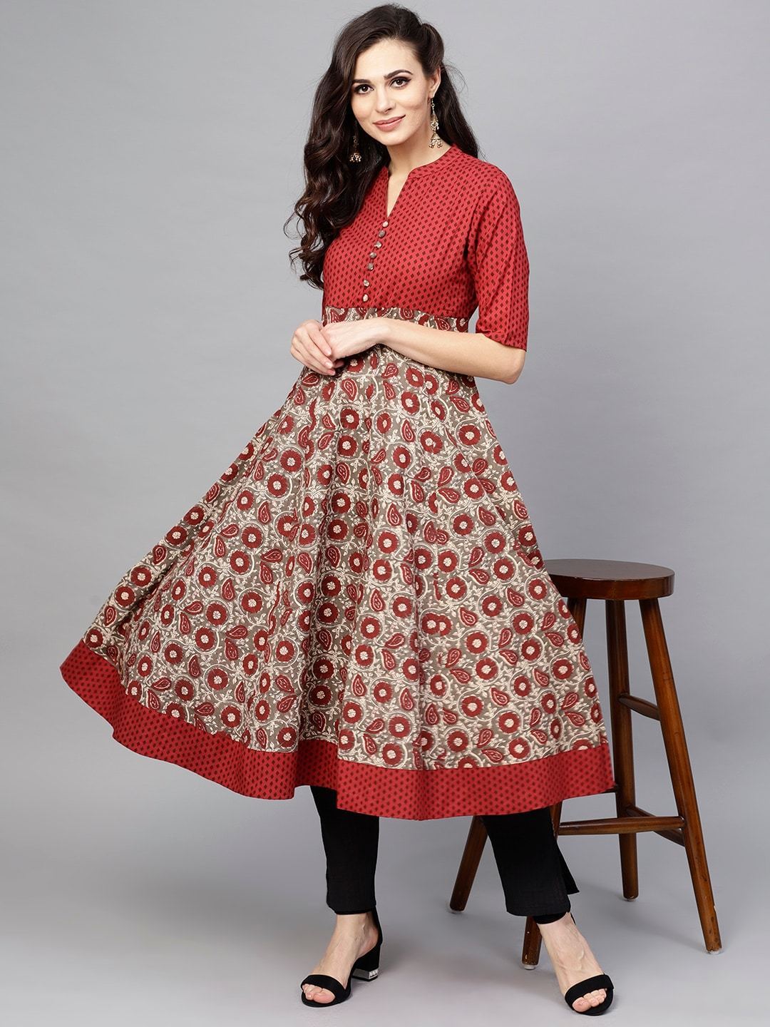Women's  Maroon & Charcoal Grey Printed Anarkali Kurta