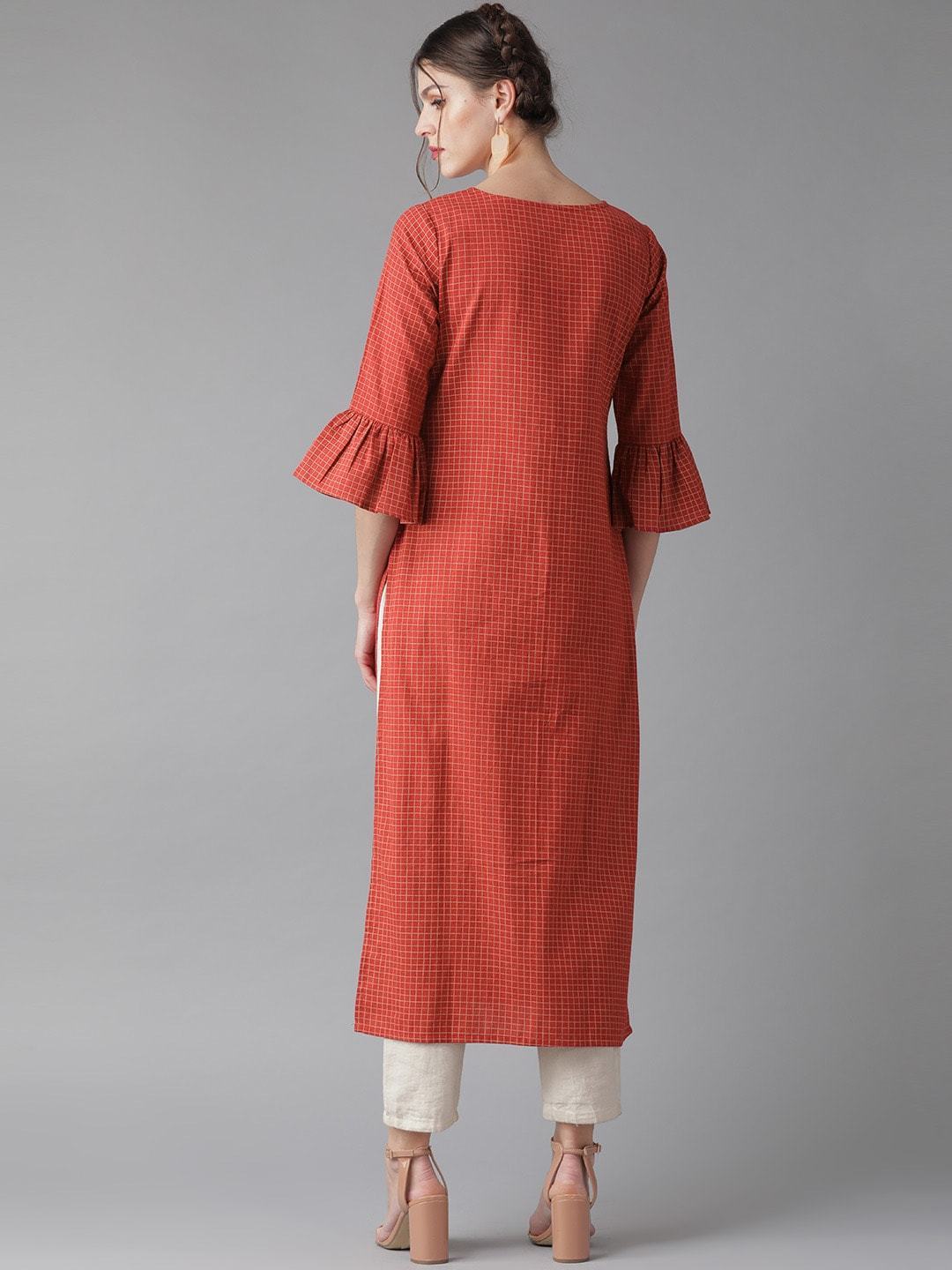 Women's  Red & Off-White Checked Straight Kurta