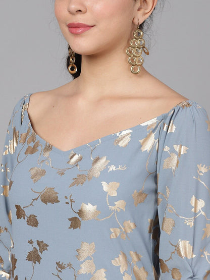 Women's  Grey & Gold-Toned Foil Printed Straight Kurta